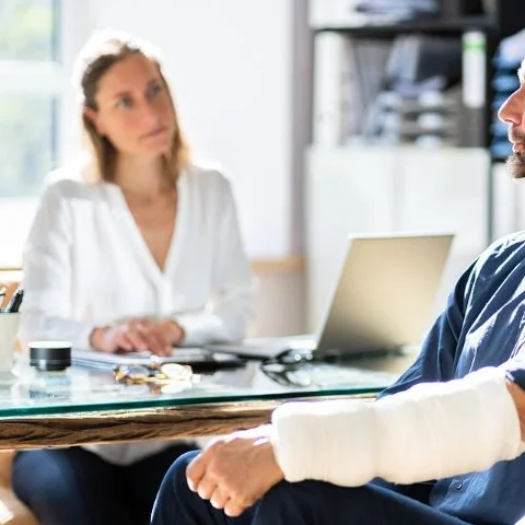 Advogada conversando com um cliente na mesa do escritório