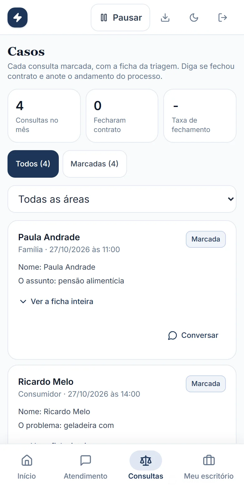 A tela de Casos do escritório, com a ficha de cada cliente e a área do caso