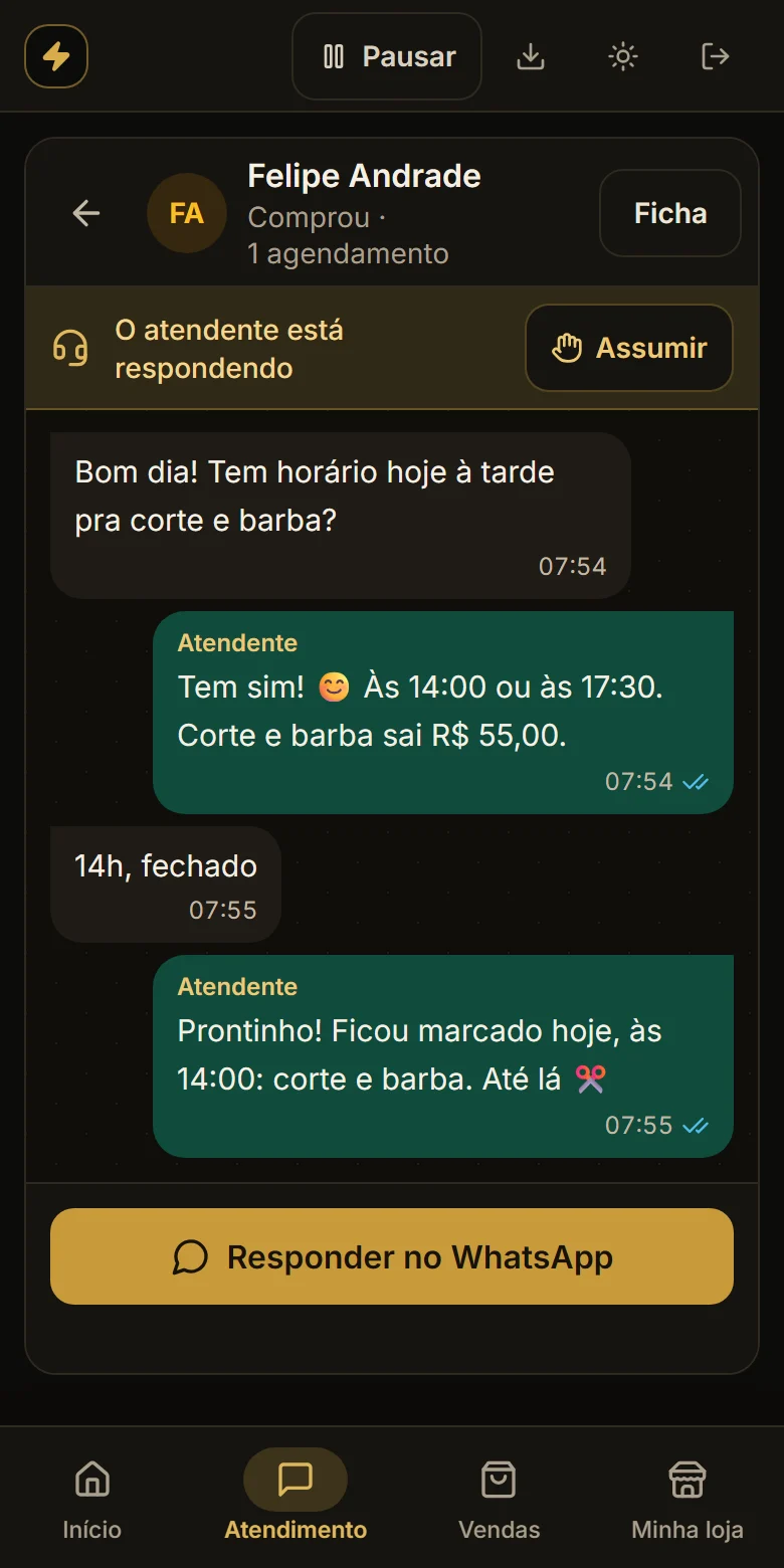 Uma conversa em que o atendente marcou corte e barba para hoje, às 14:00
