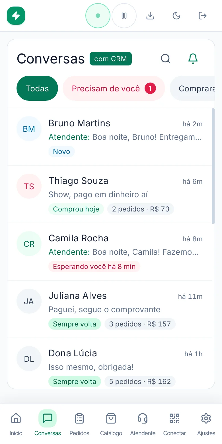 Tela de Conversas: os clientes organizados pelo CRM, com quem está esperando você no topo