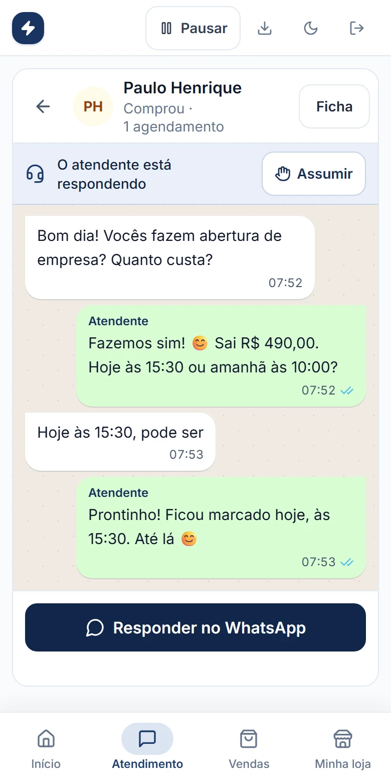 Uma conversa em que o atendente marcou uma reunião de abertura de empresa para hoje, às 15:30