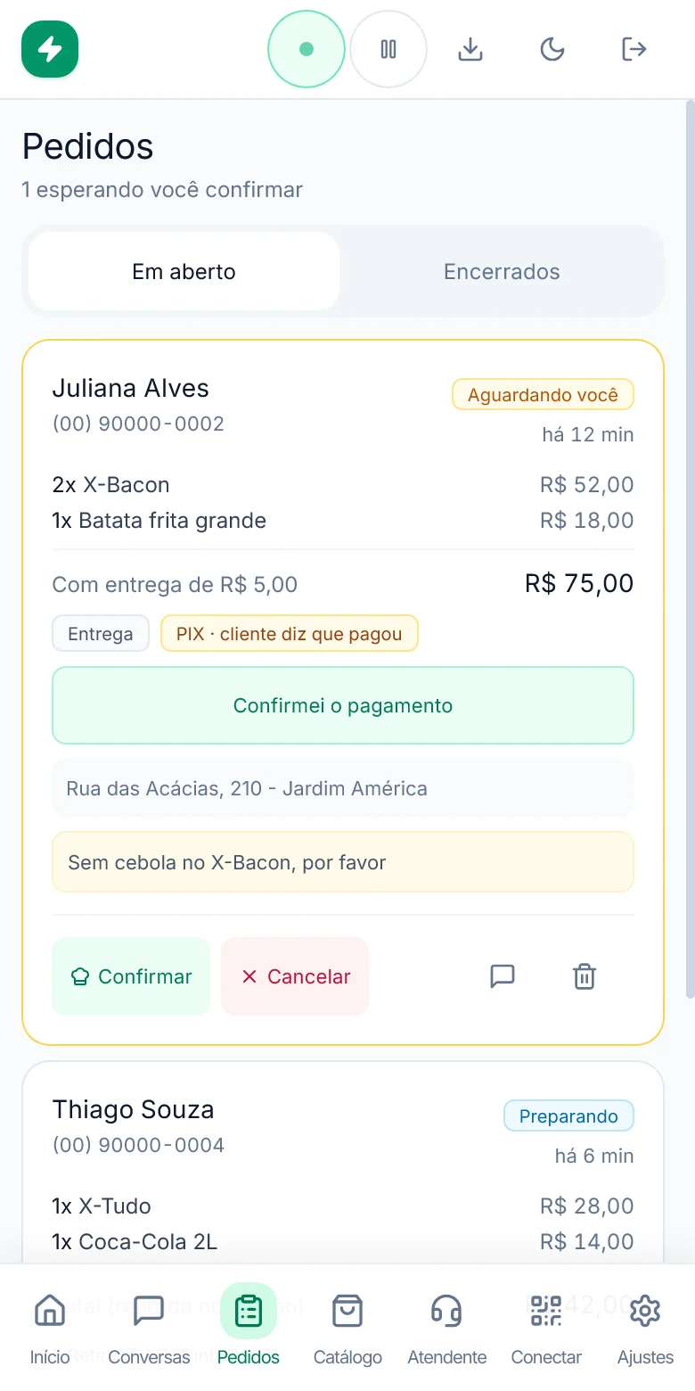 Tela de Pedidos, com o pedido esperando você confirmar